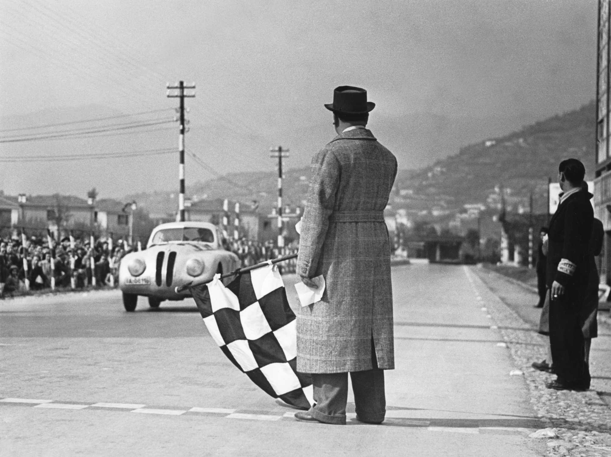 Crossing the finishing-tape at the 1st Italian Mille Miglia Grand Prix at Brescia, April 28, 1940 (03/2010)