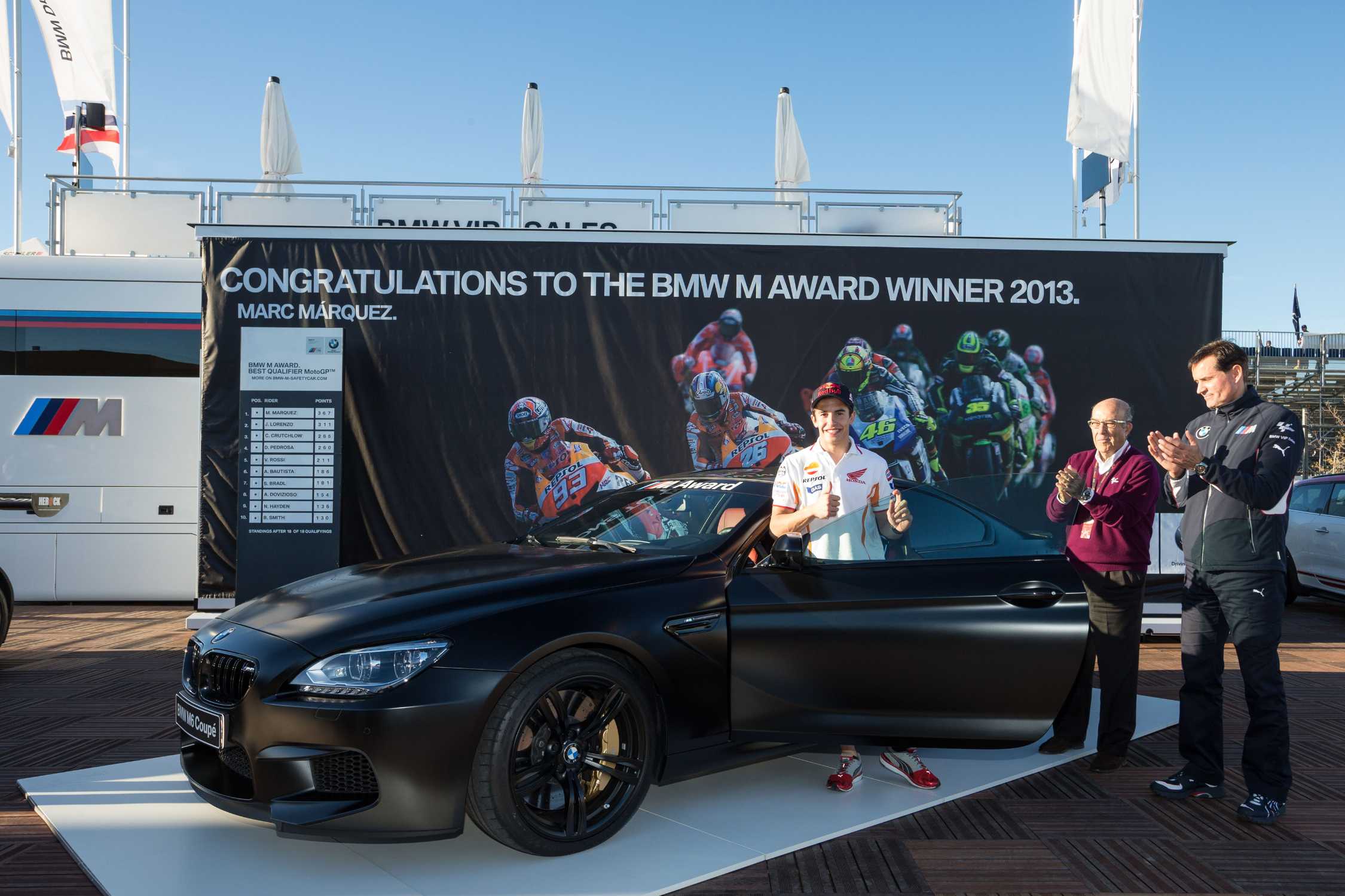 BMW M Award 2013: Marc Marquez wins the BMW M6 Coupé. Marc Marquez, Honda Repsol rider and 2013 MotoGP World Champion, Carmelo Ezpeleta, CEO of Dorna Sports, and Thomas Schemera, Director Sales & Marketing BMW M Division © BMW AG (11/2013)