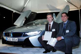 Winners Leibinger Innovationspreis: Dr. Helmut Erdl and Dr. Abdelmalek Hanafi in front oft the BMW i8 with Laserlight (09/2014).