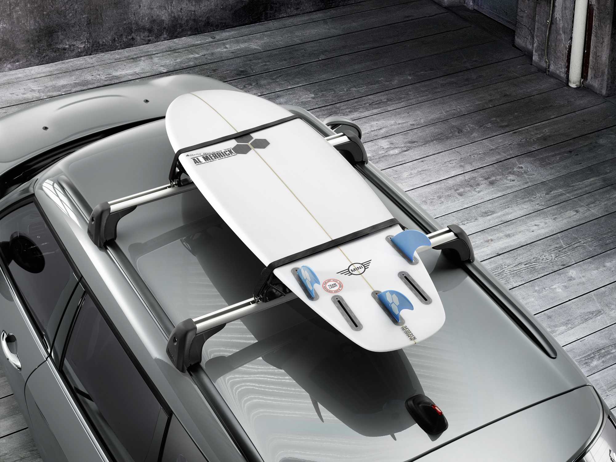 The new MINI Clubman with roof rack base support system for roof rails and surfboard holder. (06