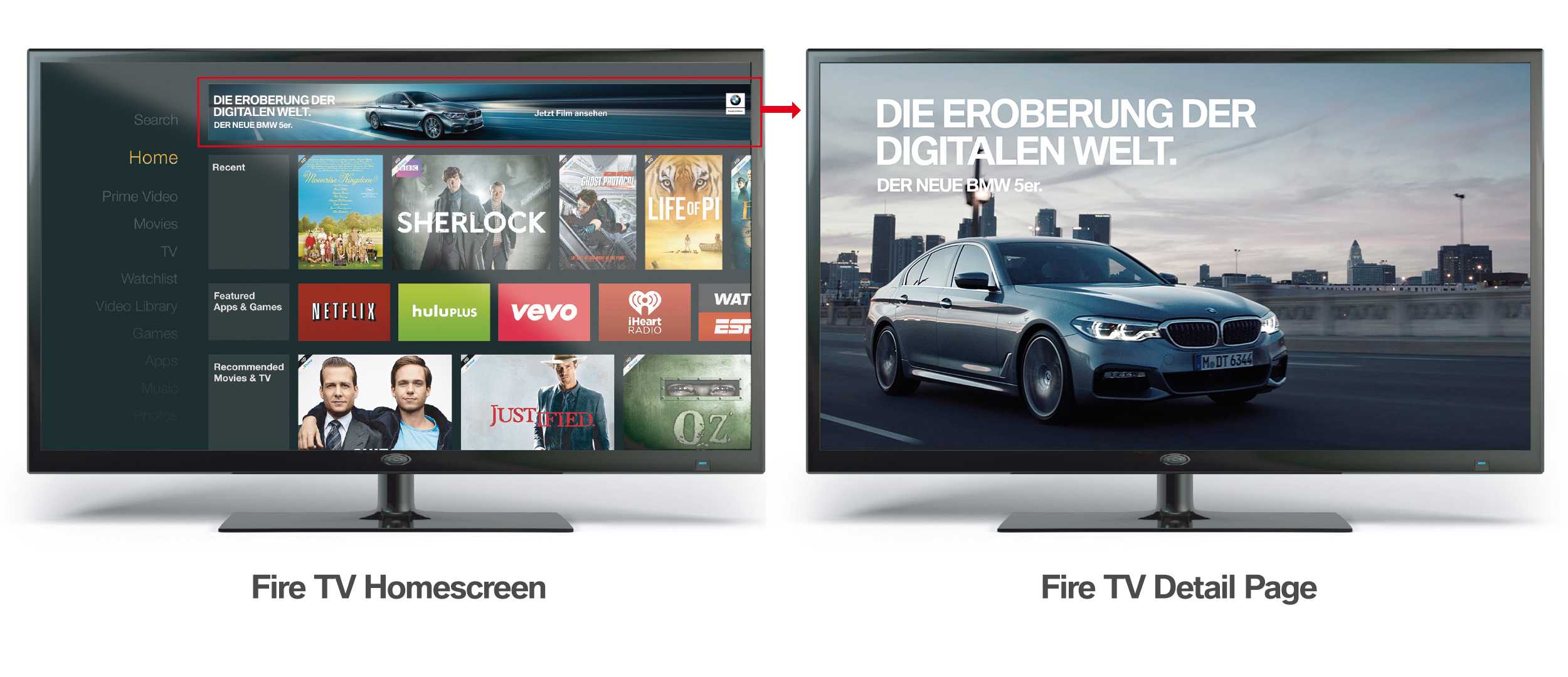 DIE EROBERUNG DER DIGITALEN WELT. Kampagne für die neue BMW 5er Limousine in Deutschland. Digitalanzeige in Amazon Fire TV.(01/2017)