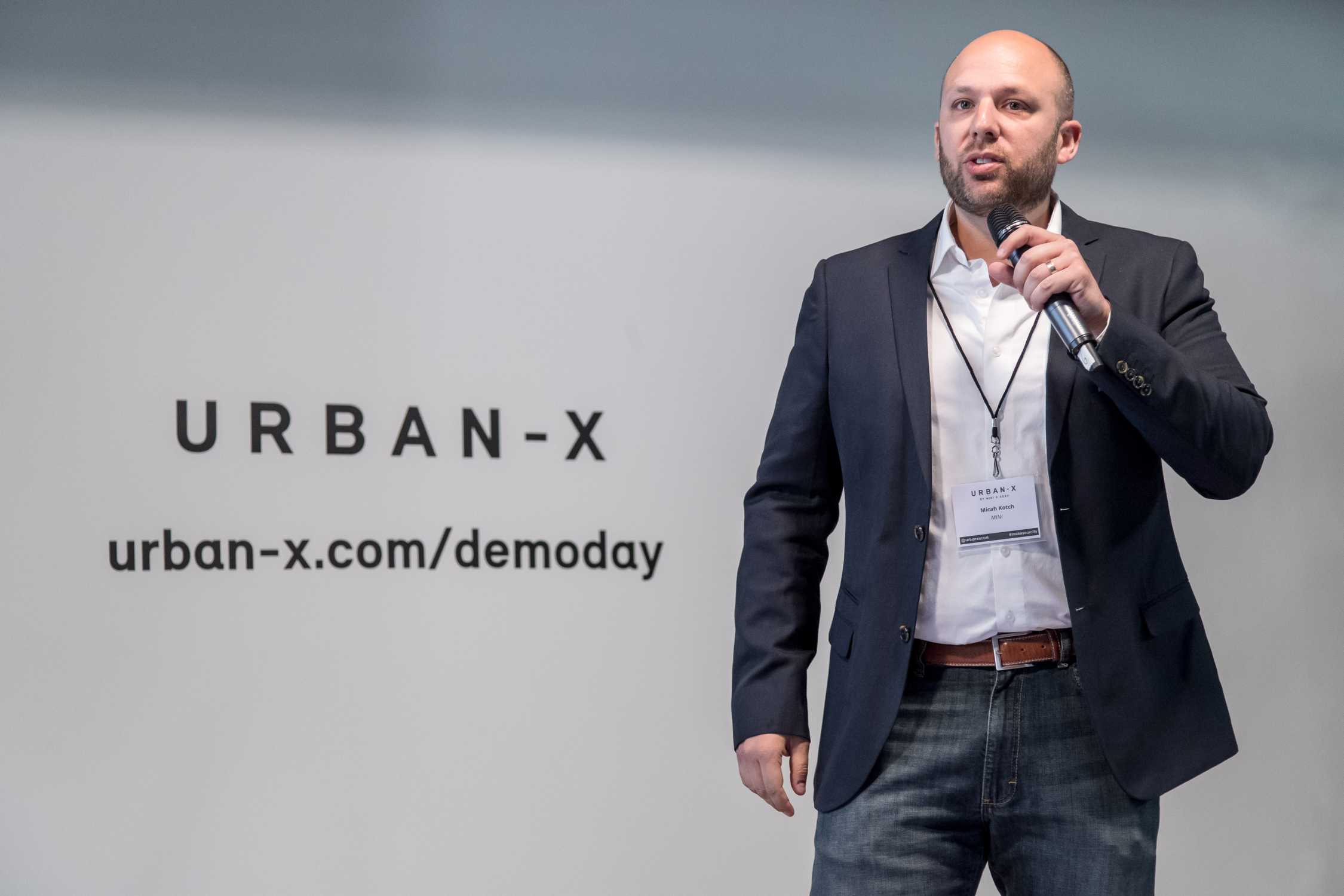 Micah Kotch, URBAN-X Managing Director, delivers a speech at an URBAN-X demo day. May, 2017. (05/2018)