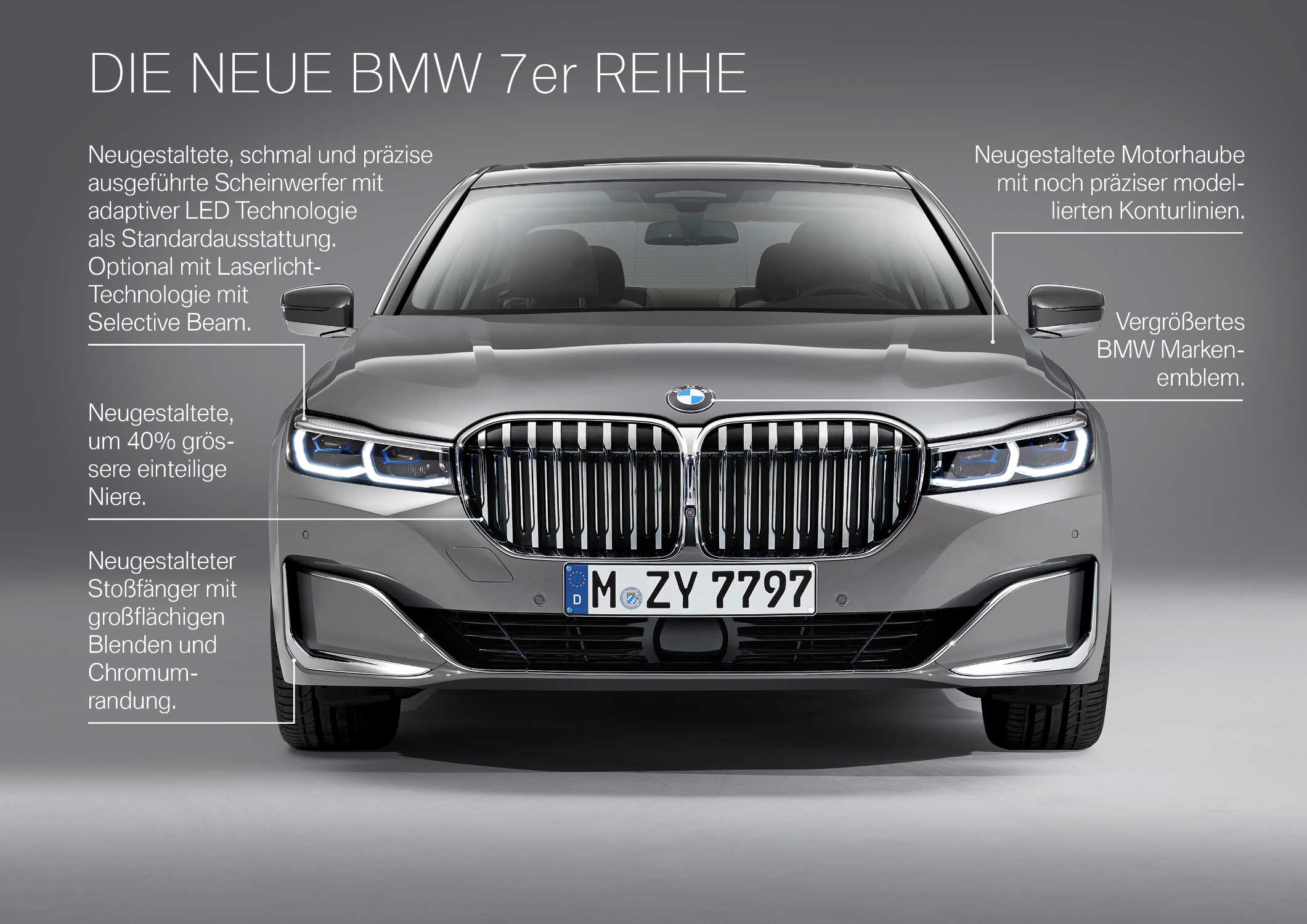 Die neue BMW 7er Reihe in Berninagrau Bernsteineffekt mit Leichtmetallrad Styling 777 und Exklusivleder „Nappa“ mit erweiterten Umfängen / Steppungen in Cognac / Schwarz (01/2019).