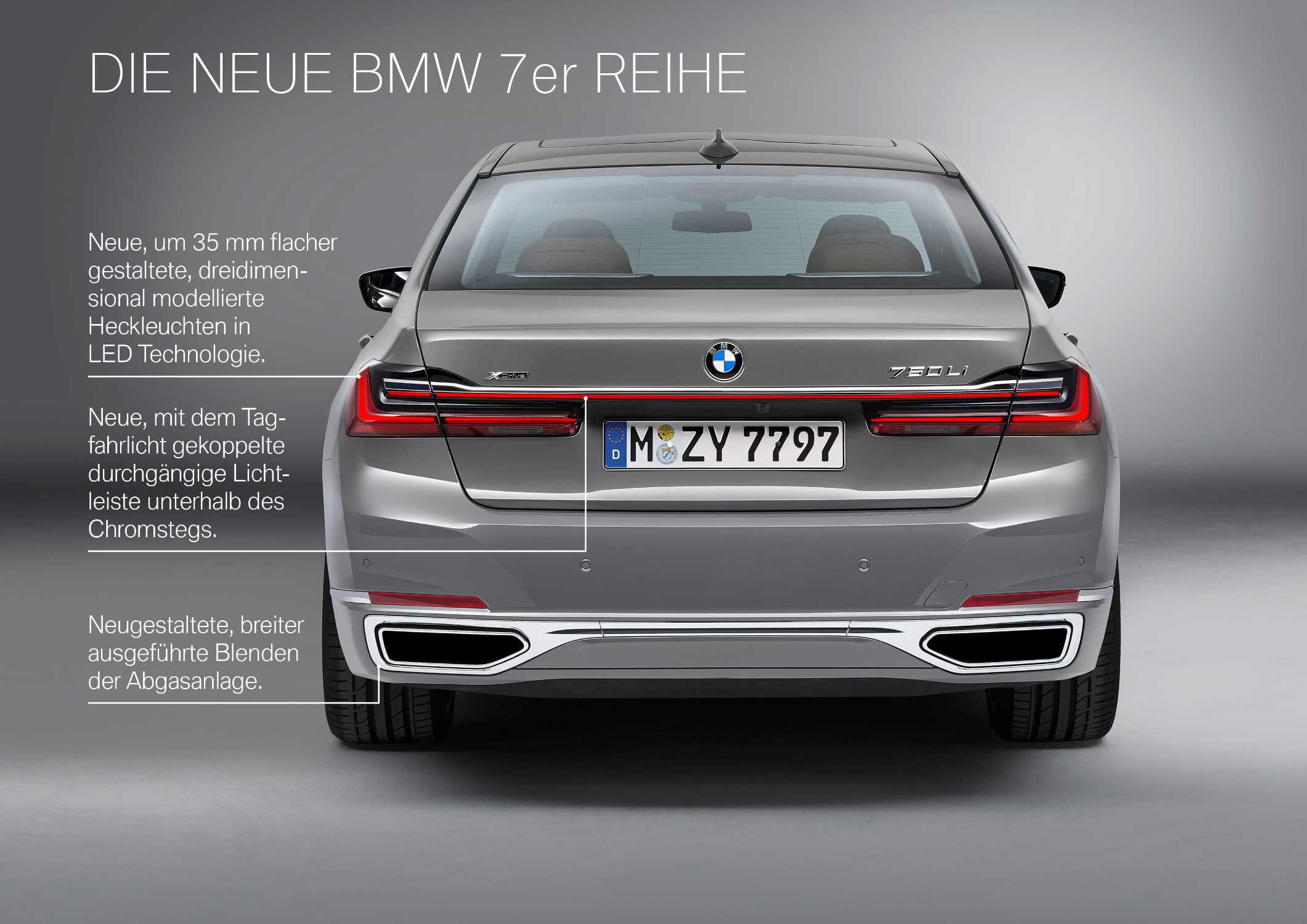Die neue BMW 7er Reihe in Berninagrau Bernsteineffekt mit Leichtmetallrad Styling 777 und Exklusivleder „Nappa“ mit erweiterten Umfängen / Steppungen in Cognac / Schwarz (01/2019).