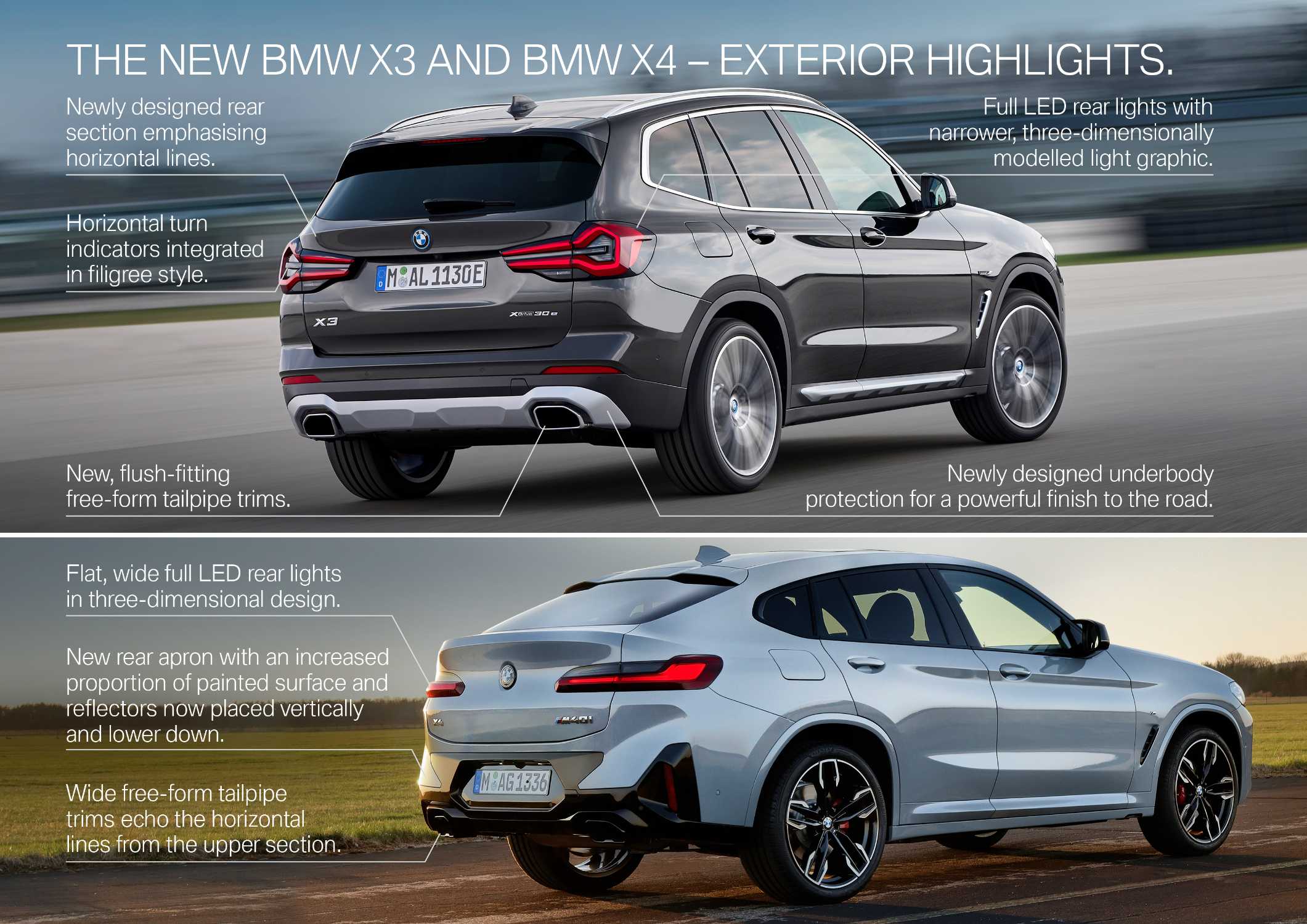 The new BMW X3 xDrive30e, Sophisto Grey metallic, Rim 21” Styling 726 and the new BMW X4 M40i, Brooklyn Grey metallic, Rim 21“ Styling 718M (06/2021).