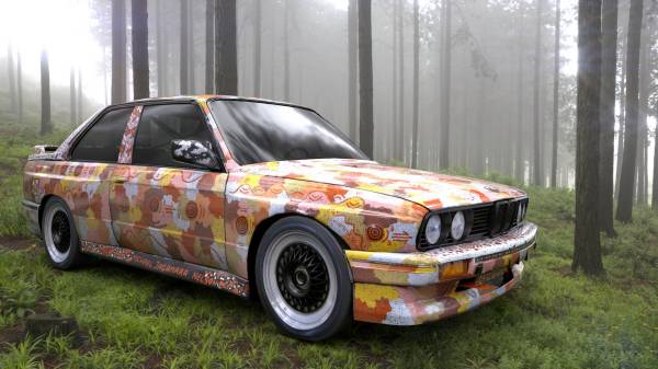 BMW Art Car by Michael Jagamara Nelson, BMW M3, 1989, augmented reality. Courtesy of the artist and Acute Art in collaboration with BMW Group Culture. (07/2021)