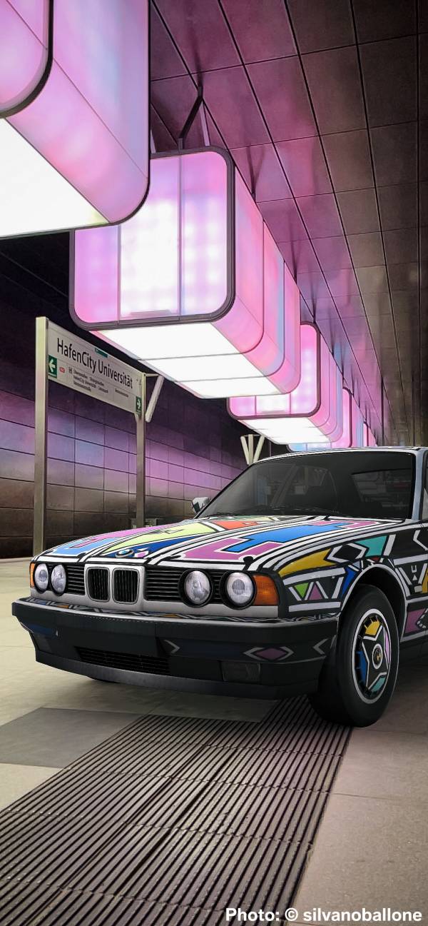 BMW Art Car by Esther Mahlangu, BMW 525i, 1991, augmented reality. Courtesy of the artist and Acute Art in collaboration with BMW Group Culture. Photo: © silvanoballone. (07/2021)