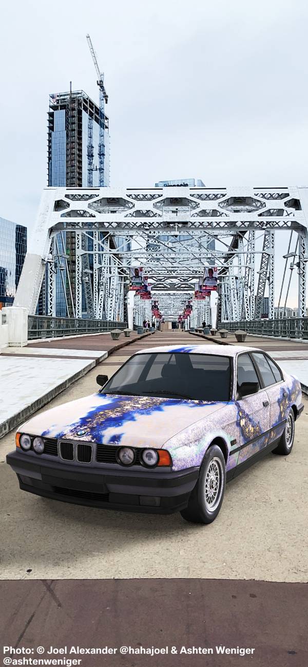 BMW Art Car by Matazo Kayama, BMW 535i, 1990, augmented reality. Courtesy of the artist and Acute Art in collaboration with BMW Group Culture. Photo: © Joel Alexander @hahajoel & Ashten Weniger @ashtenweniger (07/2021)