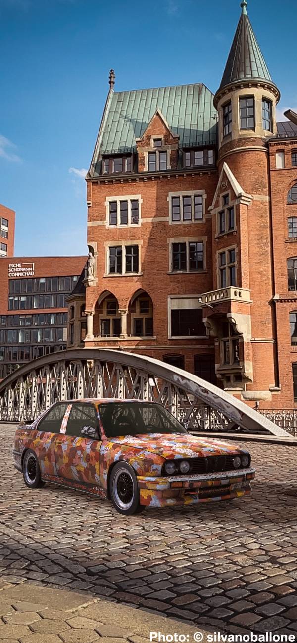 BMW Art Car by Michael Jagamara Nelson, BMW M3, 1989, augmented reality. Courtesy of the artist and Acute Art in collaboration with BMW Group Culture. Photo: © silvanoballone (07/2021)