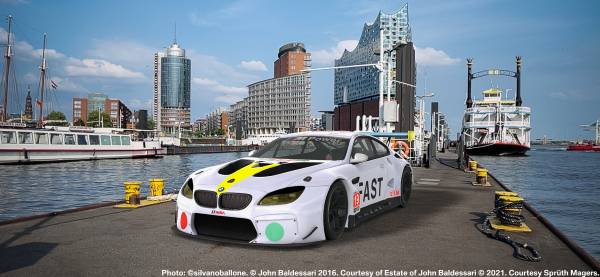 BMW Art Car by John Baldessari, BMW M6 GTLM, 2016, augmented reality. Courtesy of the artist and Acute Art in collaboration with BMW Group Culture. Photo: ©silvanoballone. © John Baldessari 2016. Courtesy of Estate of John Baldessari © 2021. Courtesy Sprüth Magers. (07/2021)