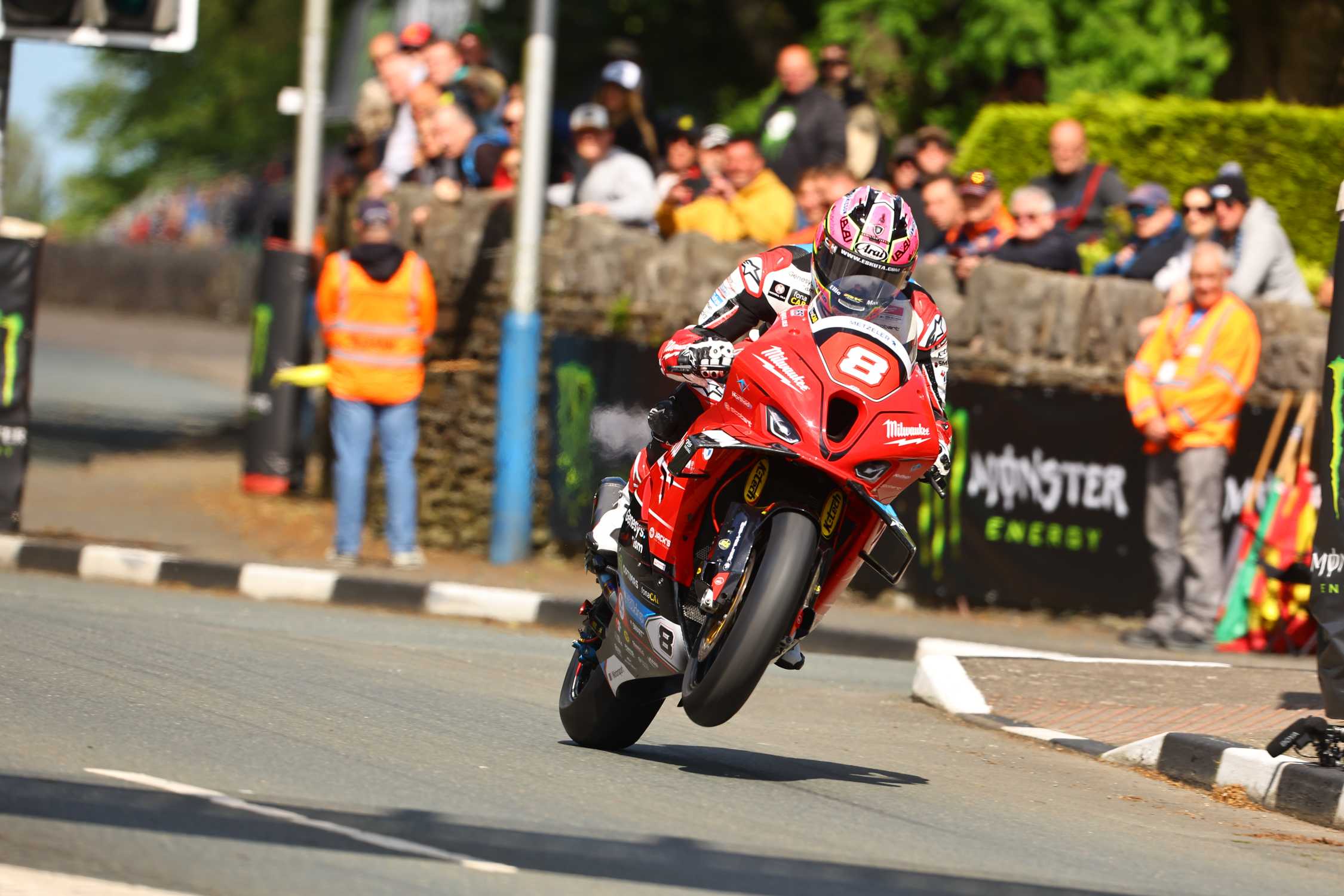 Isle of Man, June 2024. BMW Motorrad Motorsport, Isle of Man Tourist Trophy, IoMTT, Milwaukee BMW by TAS Racing, #8 BMW M 1000 RR, Davey Todd (GBR). Photo by Double Red