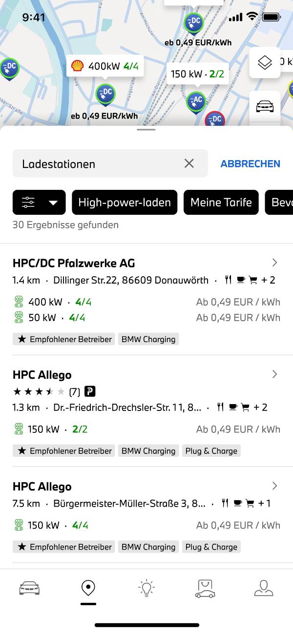 Official BMW app screen showing public charging prices and charger availability